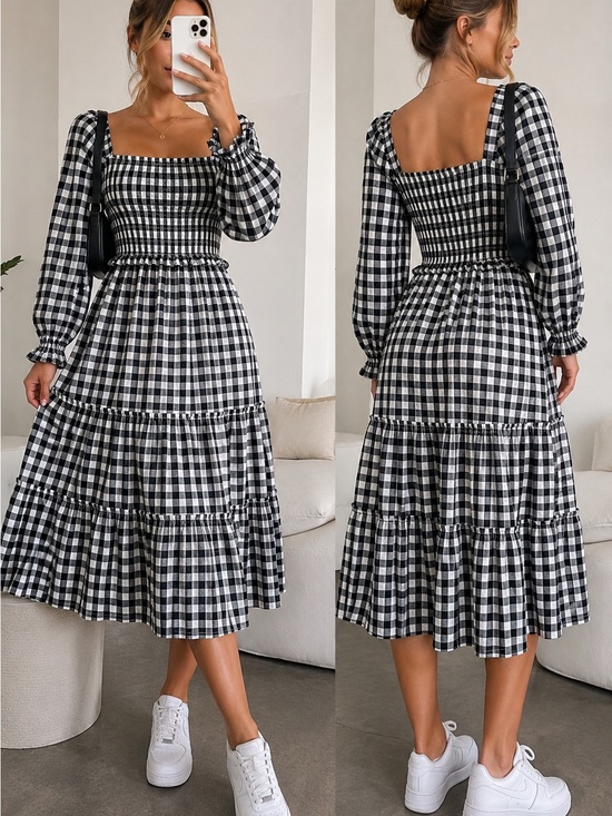 Hayden Los Angeles Dresses & Skirts - Black & White Gingham Square-Neck Midi Dress